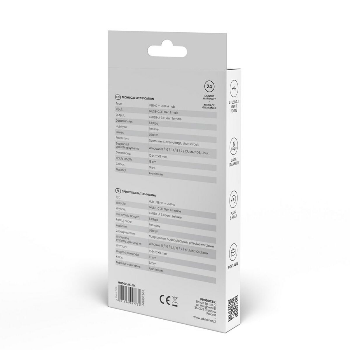 4-Port USB-C-Hub Savio AK-54 Grå